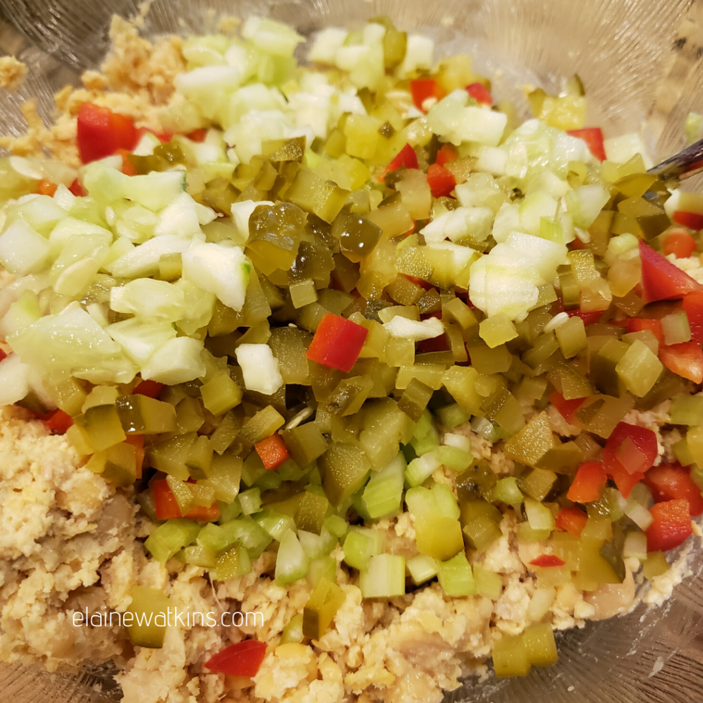 No Tuna Chickpea Salad - Adding chopped vegetables